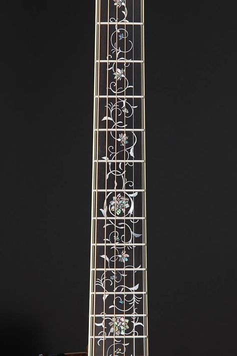 Fretboard Tattoo, Guitar Fretboard Design, Fretboard Design, Fret Markers, Custom Acoustic Guitars, Instrument Craft, Guitar Artwork, Guitar Inlay, Guitar Fretboard