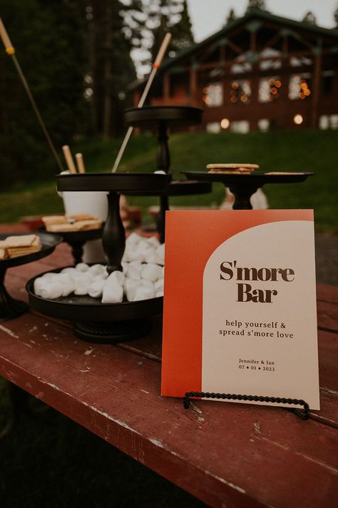 Reception Smores Bar, Camp Wedding Activities, Smores At Wedding, S’more Wedding, Wedding After Party Bonfire, S’mores Set Up Wedding, S’mores Wedding Bar Ideas, Fall Camp Wedding, Smore Station Wedding