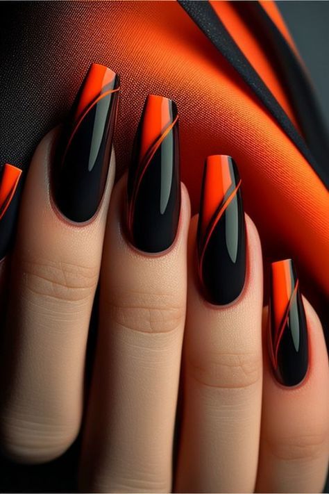 Orange Nail Designs, Quick Nail, Green Nail Designs, Nail Design Inspiration, Pretty Nail Art Designs, Black Nail Designs, Yellow Nails, Black And Orange, Unique Nails