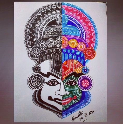 Kathakali Mandala Art, Kathakali Painting, Kathakali Face, Easy Mandala, Doodle Art Flowers, Easy Mandala Drawing, Kalamkari Painting, Color Drawing Art, Art Journal Cover