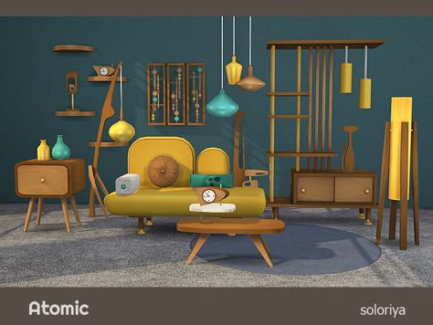 ***Atomic living room*** Sims 4 Includes 16 objects: loveseat, two kids of pillows for loveseat, clock, end table, coffee table, storage, functional shelf, floor light, 5 different sculptures,... Sims 4 Cc Conversation Pit, Sims 4 Cc Decor Maxis Match, Sims Aesthetic, Living Room Sims 4, Sims 4 Cc Furniture Living Rooms, Aesthetic Furniture, 70s Furniture, Atomic Retro, Cc Furniture