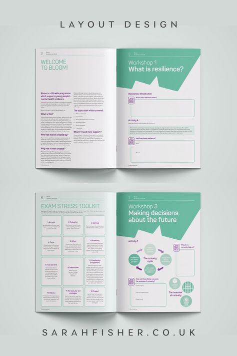 Graphic design and page layouts for mental health workbooks for Bloom, part of Mental Health UK. A4 40-page books for mental health charity. Question And Answer Design Layout, One Pager Layout, Book Page Layout Design, Workbook Design Layout, Books For Mental Health, Workbook Layout, What Is Resilience, Promo Materials, Book Editorial Design