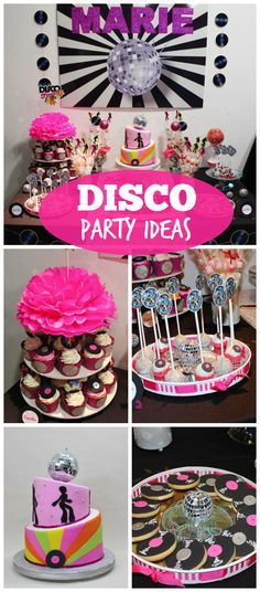 A throw back to the 70's with this disco birthday party from @violetaglace with vinyl record cookies and a disco ball topped cake!  See more party planning ideas at CatchMyParty.com! 70's Disco Birthday Cake, Disco Party Cake Table, 70 Theme Cake 70s Party, Disco Party Theme Cake, Disco Party Food Ideas Dessert Tables, Disco Themed Party Snacks, 70s Disco Party Food Ideas, Food For Disco Party, Disco Party Treats