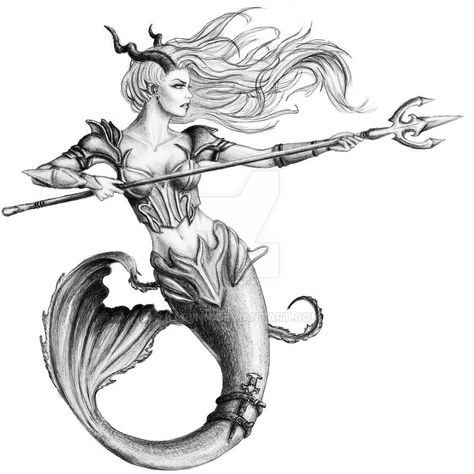 Capricorn by Kariinn on DeviantArt Warrior Mermaid Tattoo, Capricorn Mermaid Tattoo, Mermaid Warrior, Anker Tattoo Design, Siren Tattoo, Mermaid Tattoo Designs, Capricorn Art, Capricorn Tattoo, Mermaid Artwork