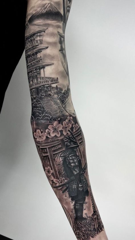 japanese tattoo designs Japanese Inspired Sleeve Tattoos, Temple Sleeve Tattoo, Japanese Samurai Leg Tattoo, Japan Leg Sleeve Tattoo, Sleeve Addition Tattoo, Japanese Theme Sleeve Tattoo, Samurai Leg Sleeve Tattoo, Samurai And Temple Tattoo, Japanese Sleeve Ideas