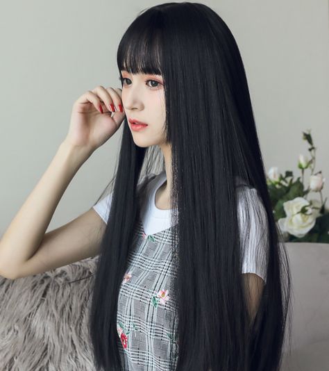 Black Hair Japanese, Black Hair Bangs, Long Straight Black Hair, Long Straight Wig, Straight Black Hair, Japanese Hairstyle, Haircuts Straight Hair, Long Hair With Bangs, Long Black Hair