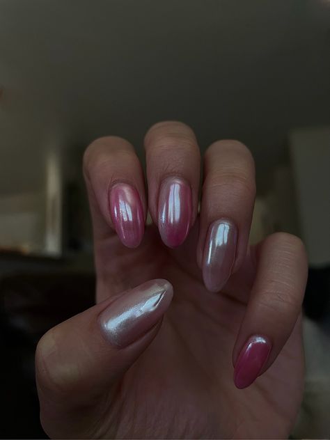 Chrome pink nail trend. Glazed nail trend. Pink nails. Almond shape nails. Natural nails. Gel nails. Nails at home. Summer nails. Spring nails. Mix set nails. 2023 nail trends. 2023 aesthetic. Festive nails, Coachella Nail Ideas. Hailey Bieber inspired Nails. baby pink nails. cool nail effects. simple nail effects. Short nails. 3/2 nails. Mix and match nails. Mixed Chrome Nails, Almond Shape Nails Natural, Chrome Pink Nail, Pink Glazed Nails, Pink Nails Almond Shape, Nails Coachella, Chrome Pink Nails, Pink Nails Almond, Natural Nails Gel