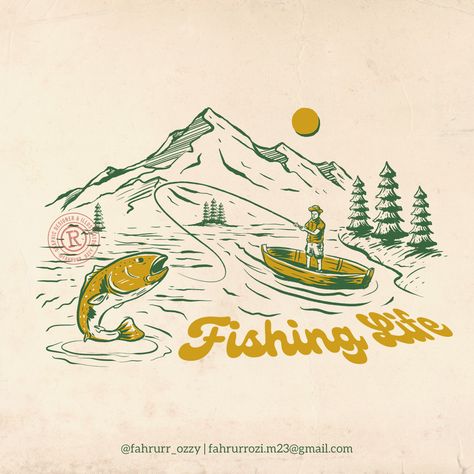 Fishing Shirt Design, Fishing Graphic Design, Outdoorsy Illustration, Fishing Illustration, Bd Design, Camping Illustration, Fishing Graphic, Gfx Design, Procreate Ipad Art