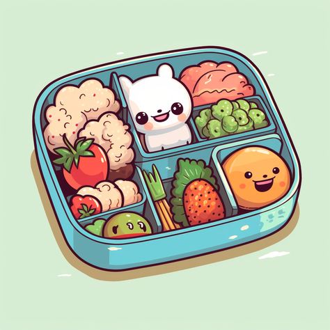 Cute cartoon bento box with colorful side items Bento Box Drawing, Bento Box Anime, Lunch Box Drawing, Bento Illustration, Aesthetic Reference, Preschool Prep, Kawaii Bento, Box Project, Rice Box