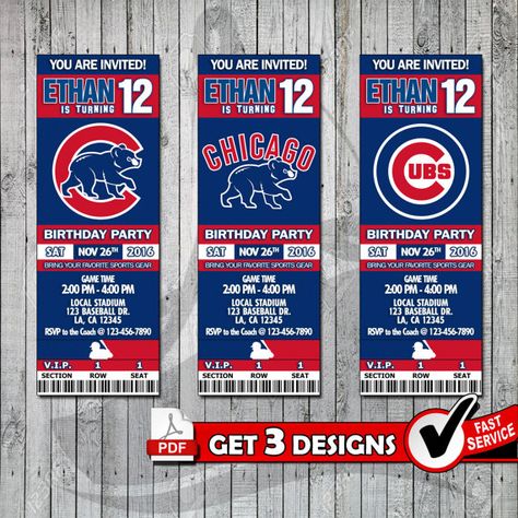 Baseball Chicago Cubs Printable Invitation Tickets Digital Chicago Cubs Birthday Party, Ticket Invitation Design, Chicago Cubs Birthday, Cubs Birthday Party, Ticket Drawing, Printable Tickets, Baseball Ticket, Chicago Cubs Baseball, Baseball Party