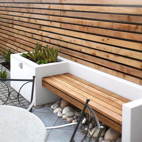 Dyi Garden, Concrete Building Blocks, Wall Bench, Garden Wall Designs, Planter Bench, Diy Garden Fence, Horizontal Fence, Bench Designs, Ideas Garden