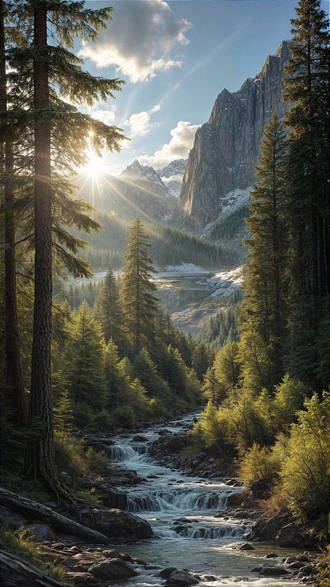 Mountain Pics Photography, Fantasy Nature Landscape, Natural Mountain Landscaping Ideas, Wallpaper Backgrounds Mountains, Beautiful Mountains Photography, Pretty Landscape Paintings, Nature Pictures Landscape, Forest With River, Forested Mountains