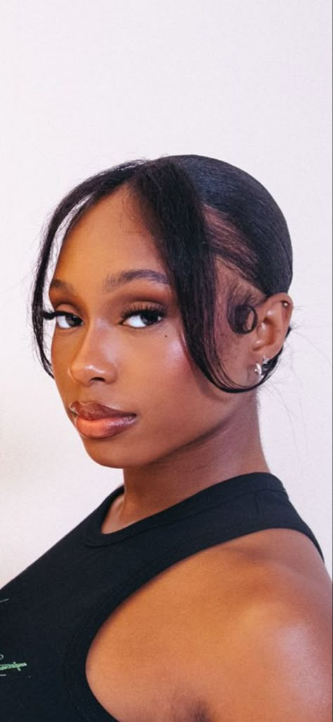 Hairstyles For Big Foreheads Black Women, Everyday Hairstyles For Natural Hair, Sleek Bun With Bangs Black Women, Relaxed Hair Bun Hairstyles, Sleek Back Bun 4c Hair, Curtain Bangs On Relaxed Hair, Chic Natural Hairstyles For Black Women, Low Bun And Bangs, Sleek Bun With Two Strands