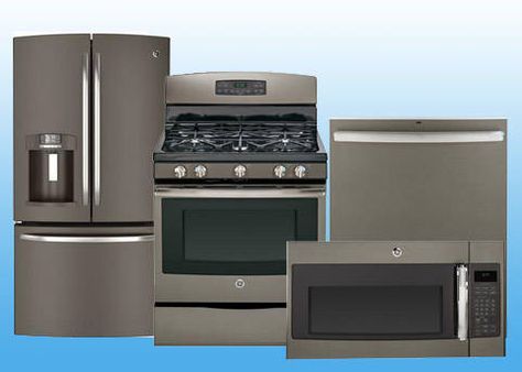 Appliance Colors - Is Slate the New Stainless? Appliance Colors, Slate Appliances Kitchen, Furniture Checklist, Ge Slate Appliances, Modern Kitchen Trends, Kitchen Island With Stove, Slate Appliances, Stainless Steel Kitchen Appliances, Brass Kitchen Faucet