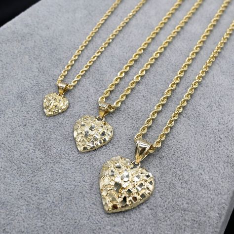 10K Real Gold Diamond Cut Nugget Heart Pendant Necklace | 10K Gold Heart Necklace | Yellow Gold | Small Medium Large with 2.5mm 3mm and 3.5mm Rope Chain All Sizes Enhance your style with the timeless elegance of our Real Solid Gold 10K Square Nugget Necklace- Men's. Handcrafted from authentic 10K gold, this Necklace features a bold square nugget design, exuding sophistication and masculine charm. They are 100% Authentic 10K Solid Gold "Not Plated or Filled"  -Material: 10K Gold -Finished: Polish Luxury Gold Nugget Necklaces, Luxury Yellow Gold Heart-shaped Diamond Necklace, Gold Mexican Jewelry, Chain Designs Gold, Gold Nugget Jewelry, Custom Gold Jewelry, Gold Chain Design, Nugget Necklace, Gold Nugget