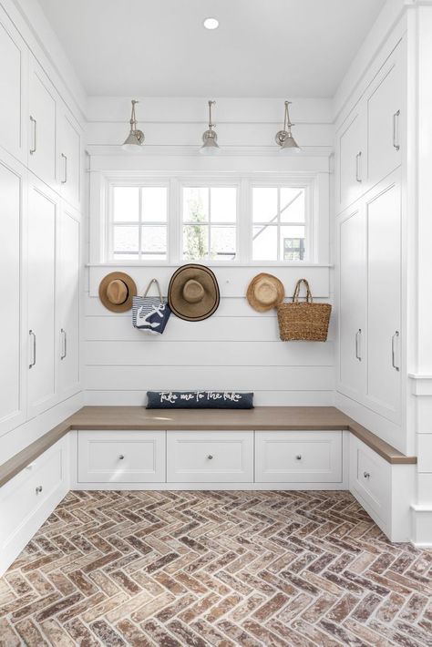 Lake House projects by A. Lantz Design. Luxury Interior Decorating firm based out of Naples, FL and Carmel, IN that creates inspired lifestyle designs for the most discerning clients across the country. #lantzcollective #interiordesign #lakehouse #inspiration #inspo #lakelife #cottage #dropzone #mudroom #brick #floor #storage #cabinet #lighting #shiplap #organization #nautical #coastal #design #home #2023 #2024 #new Shiplap Lake House, House Drop Zone, Lake House Flooring, Nautical Mudroom Entryway, Lake House Aesthetic Interior, Lake House Drop Zone, Lake Mudroom, Lake House Mudroom, Lake House Designs