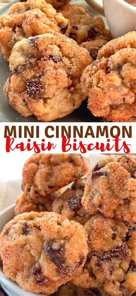 These Mini Cinnamon Raisin Biscuits are a nice alternative to cookies. The biscuit texture is extremely tender and studded with plump soft raisins. Cinnamon Raisin Cake, Cinnamon Raisin Recipes, Cookies With Raisins Recipes, Baking With Raisins, Recipes With Raisins Baking, Recipes Using Raisins, Raisin Desserts, Recipes With Raisins, Raisin Biscuits Recipe