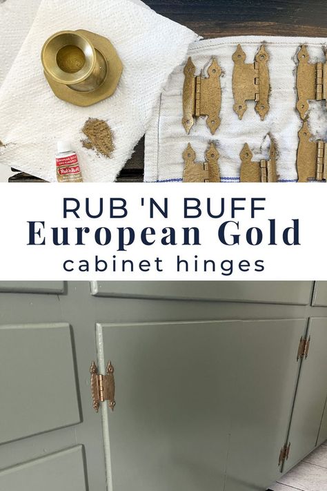 Rub 'n Buff European Gold is added to cabinet hinges before hanging them. Vintage Cabinet Hardware, Kitchen Hinges, Rub And Buff, Gold Cabinet Hardware, Cottage Kitchen Cabinets, Vintage Kitchen Cabinets, Antique Hinges, Rub N Buff, Gold Cabinet