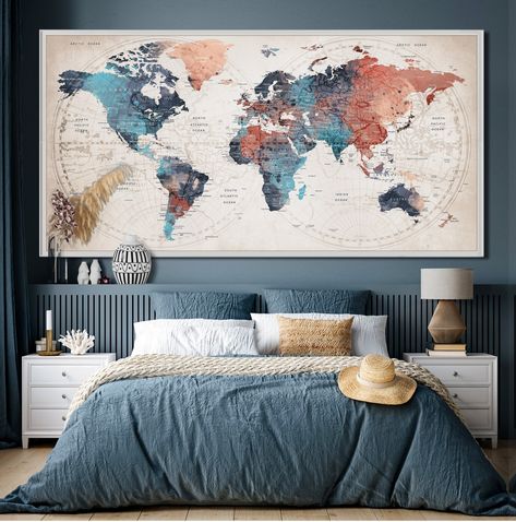 Home Decor Modern, Push Pin World Map, Anniversary Gifts, Bedroom Decor, Large Wall Art Living Room Wall Decor Art Gift for The Home ♥ If you need extra large format, please send me a message.  ♥You can use these artistic maps in the form of a poster by placing a frame or using them as a pin map by combining them with a cork board  or hang it with magnetic hangers ♥  Framed maps is for contextual images only. The Frame is not included. It is a poster that comes rolled in a tube ♥ I am using archival environmentally friendly water-base Canon UltraChrome HDR Pigment Inks, which are tested and guaranteed  ♥ Product image dimensions are representative. It is prepared to give you an idea. ♥Please be aware that the colors you see on your monitor may differ slightly from the actual colors of the Travel Bedroom Ideas, Travel Themed Guest Room, Map Gallery Wall Ideas, Travel Inspired Bedroom, Young Man Bedroom Ideas, World Map Bedroom, Man Bedroom Ideas, Map Bedroom, Magnetic Hangers