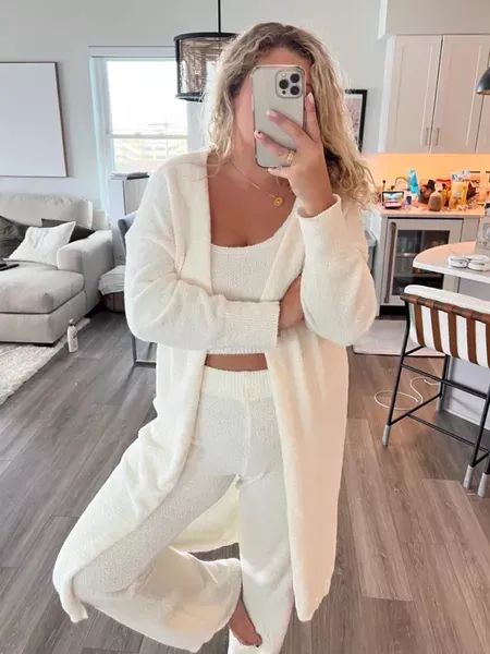 My favorite fuzzy lounge set for fall and winter! Such a great find on Amazon - link below! Fuzzy Lounge Set, White Loungewear, Winter Basics, Amazon Link, Lounge Set, Lounge Sets, Fall And Winter, Pajama Set, 3 Piece