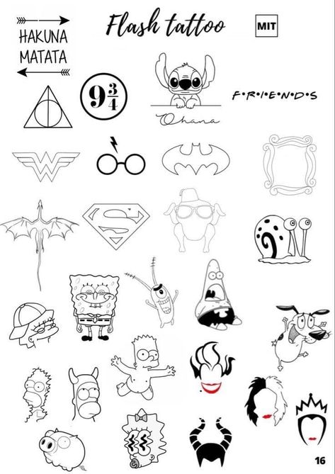 Cute Tattoo Outline Drawing, Flash Art Tattoo Ideas Cute, Mini Tattoo Stencil, Small Tattoos Cartoon, Funny Tattoo Stencils, Anime Outline Tattoo, Easy Line Tattoos For Beginners, Disney Small Tattoo, Small Cartoon Tattoo Ideas