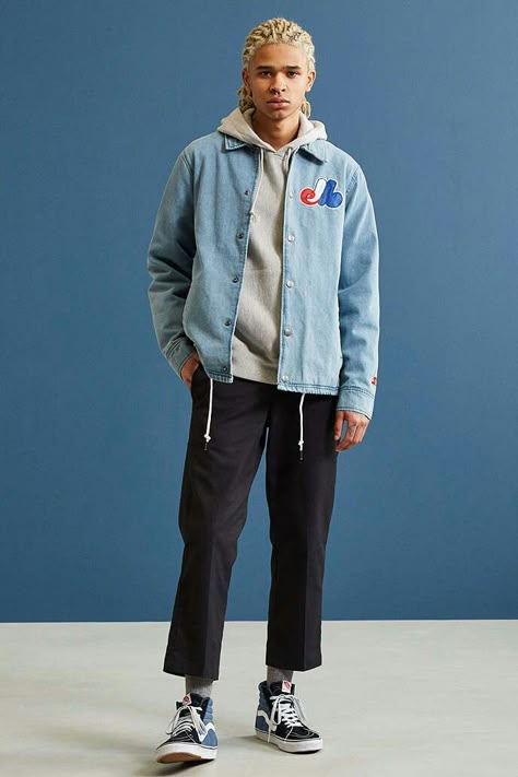 Coach Jacket Outfit Men, Coach Jacket Outfit, Ootd Men Casual, Jacket Outfit Men, Montreal Expos, Jean Jacket Outfits, Stylish Mens Fashion, Ootd Men, Mens Fashion Streetwear