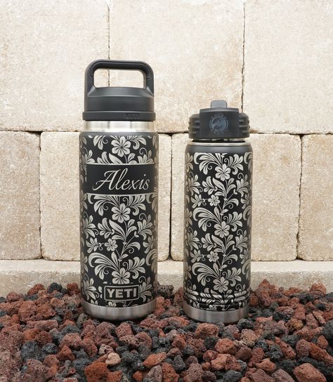 Yeti Bottle Designs, Personalized Yeti, Engraved Water Bottles, Yeti Cup Designs, Personalize Yeti, Branded Water Bottle, Engraved Yeti, Black Tumbler, Laser Engraved Ideas