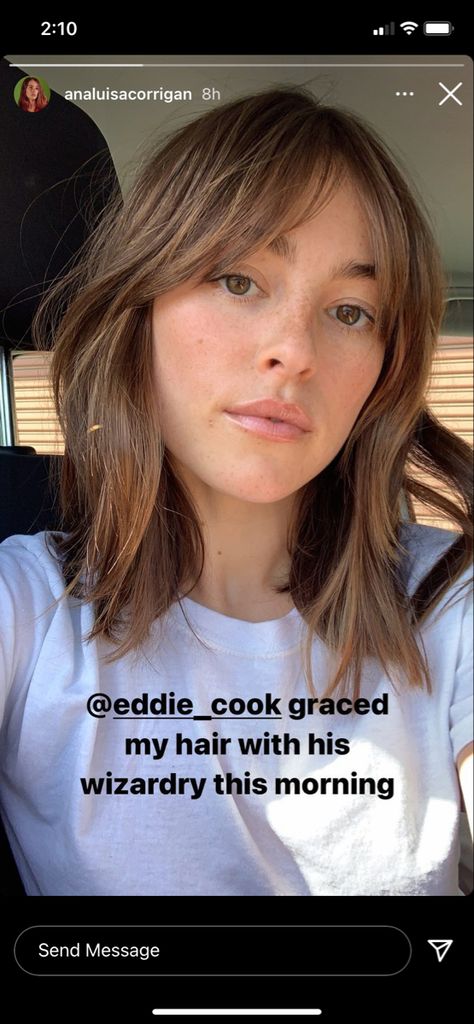 Alex Chung Hair, 2023 Bangs Trend Medium Hair, Shoulder Length Hair With Long Fringe, Shoulder Length With Bangs Round Face, Camille Rowe Bangs, Haircuts For Soft Features, Cutie Bits Haircut, Unstyled Lob, French Long Bob Haircut