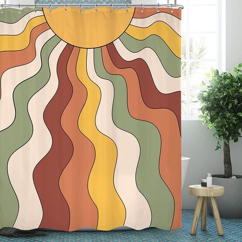 70s Aesthetic Hippie, Hippie Bathroom, Sun Shower Curtain, Rainbow Bathroom, Aesthetic Rainbow, Toy Room Decor, Retro Bathrooms, 70s Home Decor, Modern Rainbow