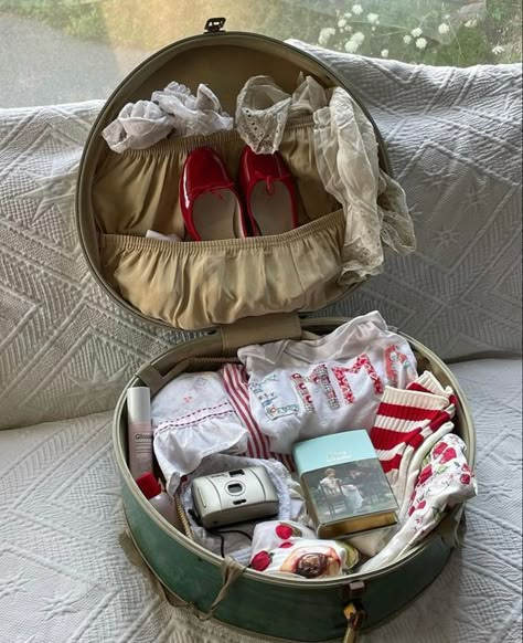 Thrifted Gift Basket, Aesthetic Gift Basket, Messy Suitcase Aesthetic, Coquette Suitcase, 80s Suitcase, Vintage Suitcase Sewing Kit, Spa Gift Basket, Suitcase Packing, Spa Gifts