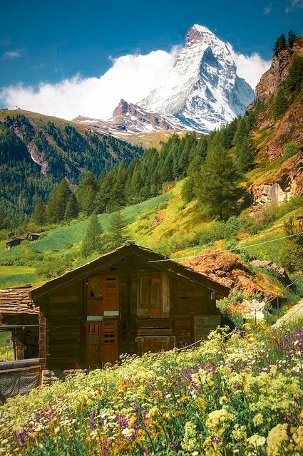 CH.21: Countryside with Matterhorn behind Matterhorn Switzerland, Mountain Huts, Visit Switzerland, Zermatt, Dream Destinations, In The Mountains, Most Beautiful Places, Nature Pictures, Nature Beauty