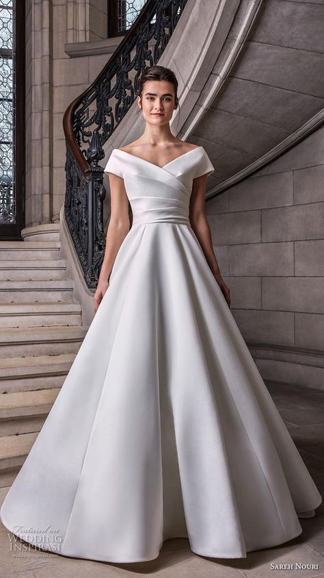 sareh nouri s2020 bridal cap sleeves v neck wrap over simple minimalist elegant princess a line wedding dress mid back royal train 1 mv -- 30 Wedding Dresses You Loved This Year | Wedding Inspirasi  #wedding #weddings #bridal #weddingdress #weddingdresses #bride #fashion #2019trends #2020trends #week:522019 #year:2019 ~ Sareh Nouri Wedding Dress, Sareh Nouri Bridal, Wedding Dresses Kleinfeld, Sareh Nouri, Kleinfeld Bridal, Dresses Simple, Princess Wedding Dresses, Sister Wedding, Future Wife