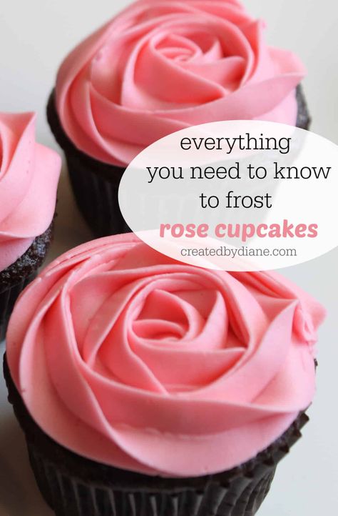 how-to and recipes for rose cupcakes createdbydiane.com Rose Frosting, Chocolate Buttercream Recipe, Wine Cupcakes, Cupcake Videos, Vintage Cupcake, Cupcake Decorating Tips, Buttercream Roses, Fondant Cupcake Toppers, Tasty Dessert