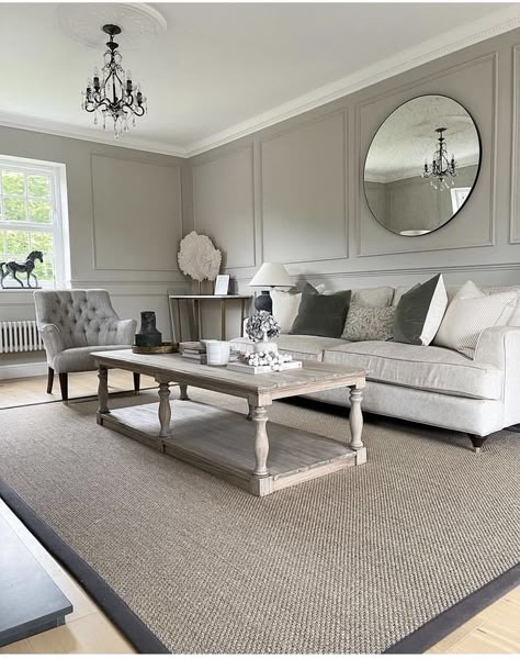 Living Room Farrow And Ball, Warm Grey Living Room, Farrow And Ball Purbeck Stone, Living Room Knock Through, Beige And Grey Living Room, Farrow And Ball Living Room, Room Panelling, Grey Walls Living Room, Living Room Panelling