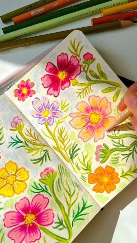 Cosmos Garden, Desain Buklet, Drawing Flowers, Oil Pastel Art, Illustrator Artist, Art Diary, Book Art Diy, Doodle Art Designs, Color Pencil Art