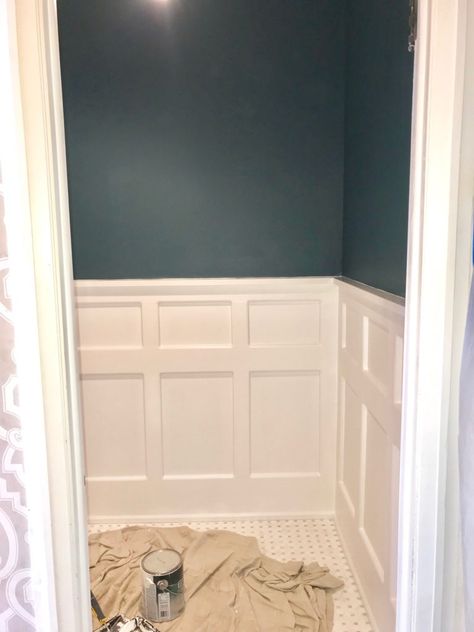 Hallway: newburg green Small Blue Powder Room Ideas, Powder Room Before And After, Powder Room Molding, Powder Room Paint Ideas, Powder Room Colors, Newburg Green, Green Powder Room, Blue Powder Room, Benjamin Moore Bathroom