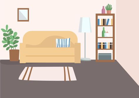 Couch Bookcase, Room With Couch, Living Room Flat, Flat Color Illustration, Cartoon Interior, Empty Living Room, Living Room Vector, Living Room Clipart, 2d Cartoon