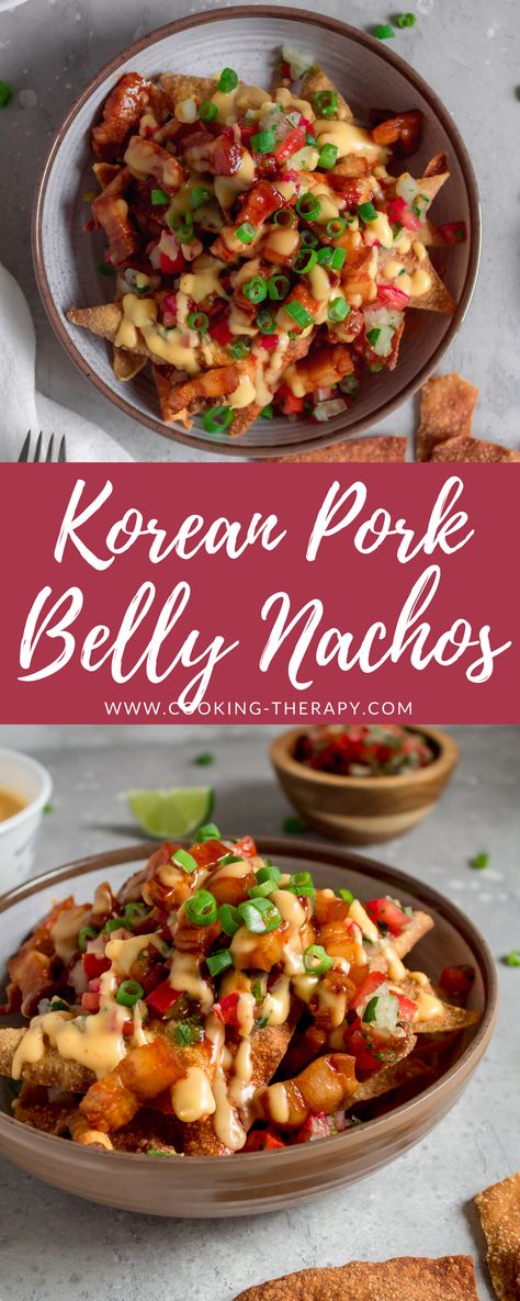 Korean Bbq Pork Tacos, Pork Belly Nachos, Korean Nachos Recipe, Mexican Asian Fusion Food, Pork Belly Appetizer Recipes, Korean Mexican Fusion Recipes, Korean Nachos, Korean Pork Belly Recipes, Pork Belly Appetizer