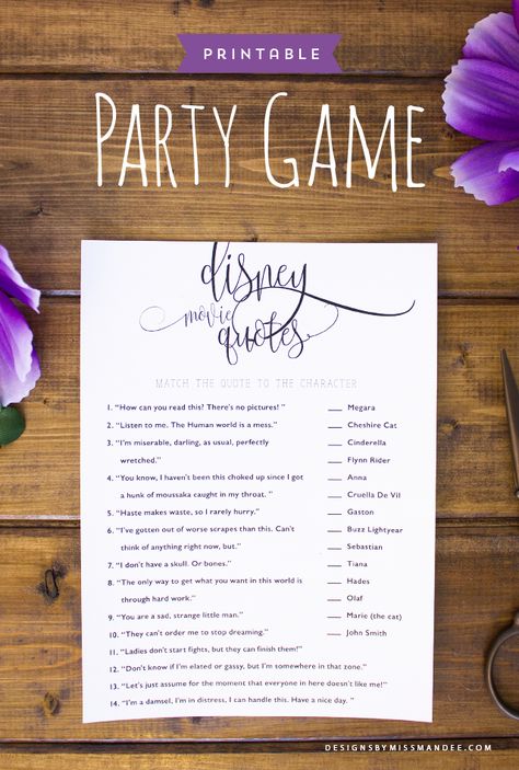 FREE Disney Movie Quotes - Party Game - Designs By Miss Mandee. The perfect party game for Disney-lovers! See how many of these quotes you can match to the characters that said them. Adult Disney Party Games, Adult Disney Party, Disney Sleepover, Taylor Graduation, Disney Party Games, Disney Villain Party, Onesie Party, Disney Descendants Party, Disney Trivia