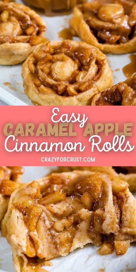 Easy Caramel Apple Cinnamon Rolls are semi pre-made, semi-home but completely delicious! These are cinnamon rolls with apples and topped with caramel frosting – yum! Caramel Apple Cinnamon Rolls, Cravings Food, Caramel Apples Easy, Apple Cinnamon Rolls, Easy Caramel, Caramel Frosting, Breakfast Sweets, Apple Dessert Recipes, Food Easy