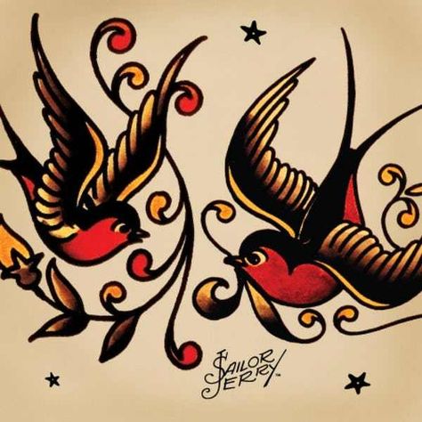 Swallows Sailor Jerry Tattoo is listed (or ranked) 9 on the list Sailor Jerry Tattoo Ideas Sailor Jerry Swallow, Traditional Swallow Tattoo, Swallow Tattoo Design, Sailor Jerry Flash, Sailor Jerry Tattoo Flash, Sailor Tattoos, Sailor Tattoo, Timeless Tattoo, Sparrow Tattoo