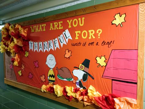 October Bulletin Boards For Work, Fall Time Bulletin Board Ideas, Fall Hospital Bulletin Boards, Snoopy Thanksgiving Bulletin Board, Ra Bulletin Boards Fall November, November Interactive Bulletin Boards, Nov Bulletin Board Ideas, Thanksgiving Nurse Bulletin Board, Charlie Brown Thanksgiving Bulletin Board