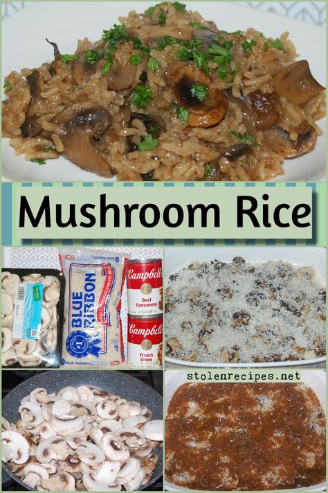 Oven Rice Recipe French Onion, Mushroom Rice With French Onion Soup, Garlic Mushroom Rice, French Onion Soup With Mushrooms, Recipes With Cream Of Onion Soup, Rice With French Onion Soup Beef Broth, Rice And Cream Of Mushroom Soup, Cream Of Mushroom Rice Recipes, Rice With Cream Of Mushroom Soup