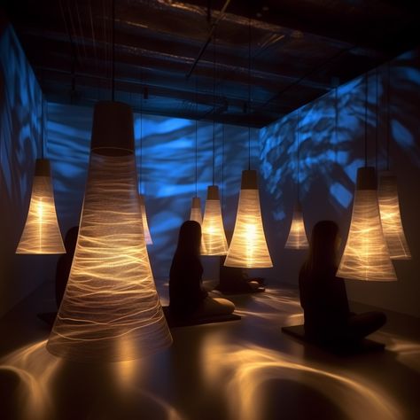 light lamps, meditation room, immersive experience design, moody lighting, wellness lights Immersive Brand Experience, Immersive Exhibition Design, Immersive Room, Utopia World, Vr World, Immersive Exhibition, Zen Interiors, Exhibition Room, Light Lamps