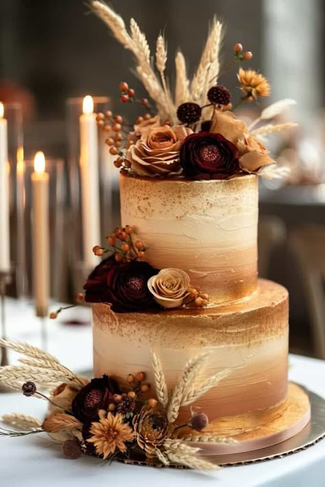 24 Seasonal Beauty: Perfect Fall Wedding Cakes Fall Cake Designs Wedding Ideas, Fall Country Wedding Cakes, Fall Desserts Wedding, Fall Cakes Wedding, Fall Inspired Wedding Cakes, Fall Wedding Cake Table Ideas, Fall Wedding Cake Ideas 2 Tier, Wildflower Wedding Cake Rustic, November Wedding Cake Ideas