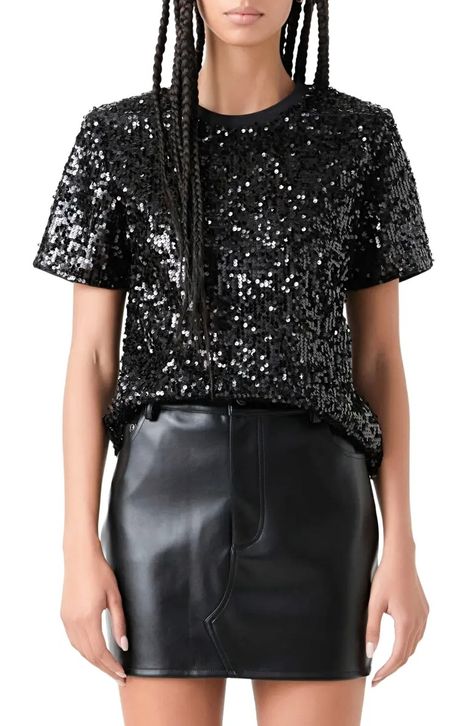 Grey Lab Shoulder Pad Sequin Top | Nordstrom Tom Ford Women, Armani Tshirt, Sequin Tee, Mesh T Shirt, Sequin Fabric, Sequin Top, New Tops, Marbella, V Neck Tops