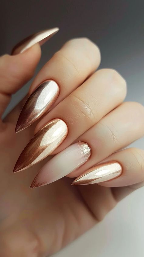 24 Pretty Rose Gold Nail Designs That Sparkle And Shine Acrylic Nail Designs Metallic, Thumb Nail Design, Metallic Gold Nails, Metallic Nails Design, Metal Nails, Rose Gold Nails Design, Gold Nail Designs, Chrome Nails Designs, Gold Nail