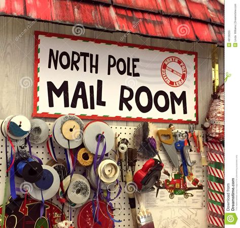 North Pole Post Office Mail Room Stock Photo - Image: 48138255 Office Mail Room, Holiday Door Ideas, Door Ideas Christmas, Santas Workshop Theme Decorations, Christmas Post Office, Office Xmas Decorations, North Pole Post Office, Christmas Cubicle Decorations, Christmas Toy Shop