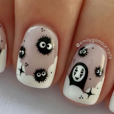 Studio Ghibli Nail Art Simple, Princess Mononoke Nails, Ponyo Nails Studio Ghibli, My Neighbor Totoro Nails, Miyazaki Nails, No Face Nails, Kiki's Delivery Service Nails, Soot Sprite Nails, Cute Korean Nail Designs