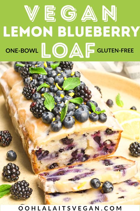 This vegan lemon blueberry loaf is a moist and fluffy cake that's egg-free, dairy-free and gluten-free. Made in one bowl, it's loaded with vibrant berries, lemon zest and fresh-squeezed lemon juice, then topped with more juicy berries and fresh mint leaves. This vegan lemon blueberry cake recipe is perfect for dessert or a mid-day snack. Kid-friendly too, in fact it's a great way to get your kids to eat more fruit. #vegancakes #veganlemonblueberryloaf #veganblueberryloaf #plantbased #glutenfree Vegan Gluten Free Loaf, Gf Lemon Blueberry Bread, Vegan Lemon Blueberry Cookies, Eggless Lemon Blueberry Loaf, Vegan Lemon Blueberry Coffee Cake, Vegan Blueberry Lemon Loaf, Lemon Blueberry Trifle, Vegan Yogurt Recipe, Blueberry Lemon Cake Recipe